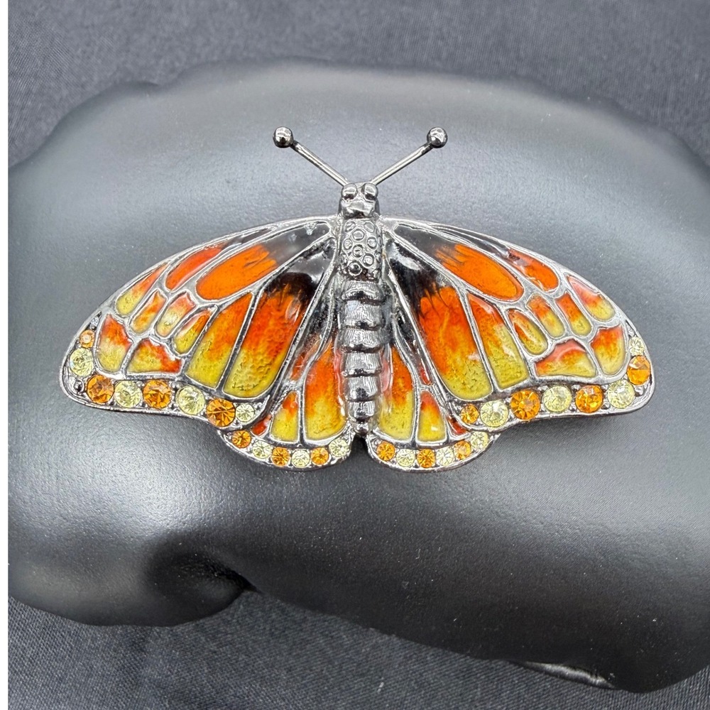 Vintage Style Monarch Butterfly Brooch Orange Enamel Rhinestone Gunmetal Pin